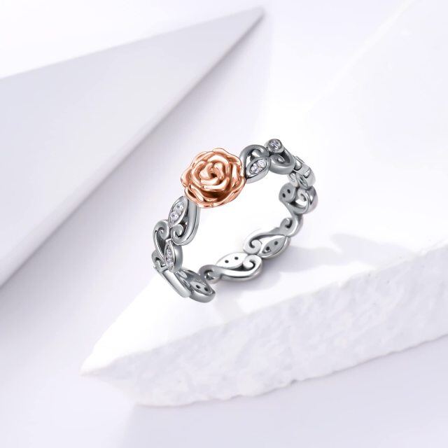 Bague en argent sterling bicolore avec zircone cubique en forme de rose-4