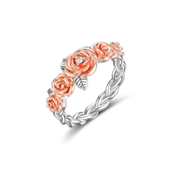 Sterling Silver Two-tone Circular Shaped Cubic Zirconia Rose Ring