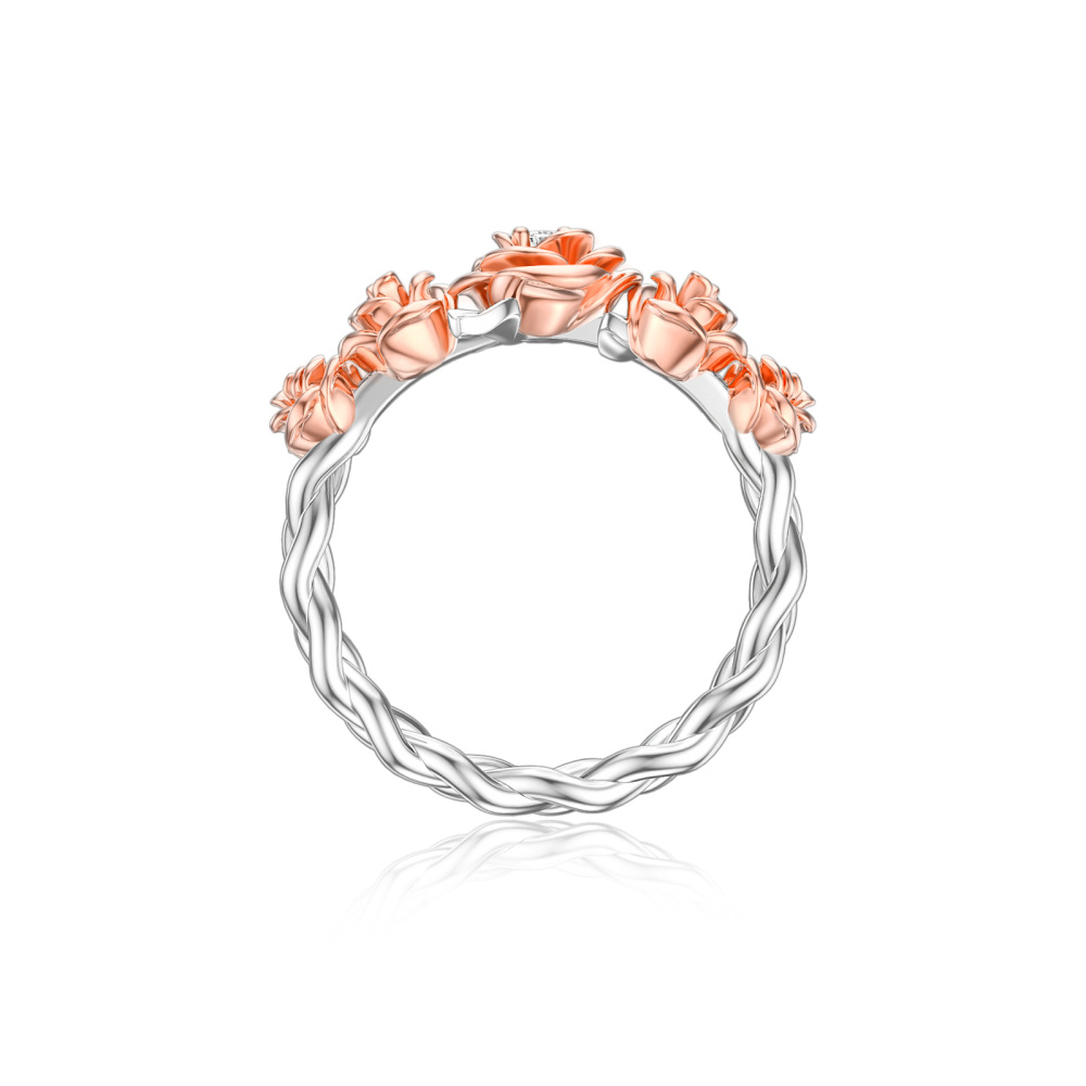 Sterling Silver Two-tone Round Shaped Cubic Zirconia Rose Ring-4