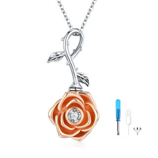 Sterling Silver Two-tone Circular Shaped Cubic Zirconia Rose Urn Necklace for Ashes-4