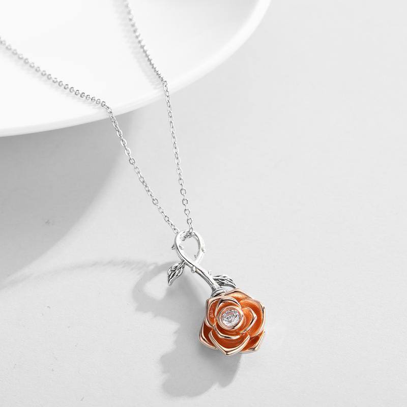 Sterling Silver Two-tone Circular Shaped Cubic Zirconia Rose Urn Necklace for Ashes-3