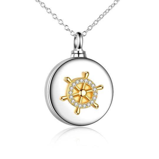 Sterling Silver Two-tone Circular Shaped Cubic Zirconia Rudder Urn Necklace for Ashes