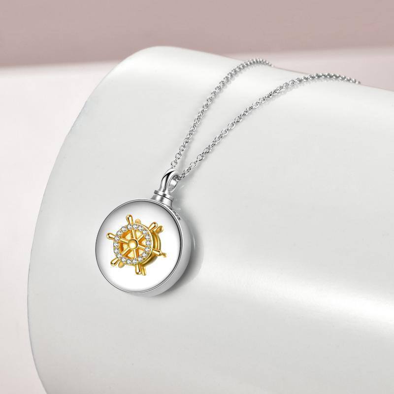 Sterling Silver Two-tone Circular Shaped Cubic Zirconia Rudder Urn Necklace for Ashes-4