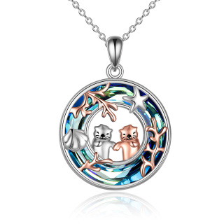 Sterling Silver Two-tone Circular Shaped Sea Otter Crystal Pendant Necklace-5