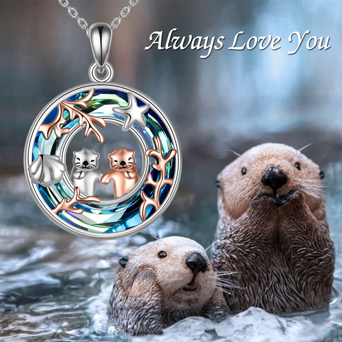 Sterling Silver Two-tone Circular Shaped Sea Otter Crystal Pendant Necklace-3