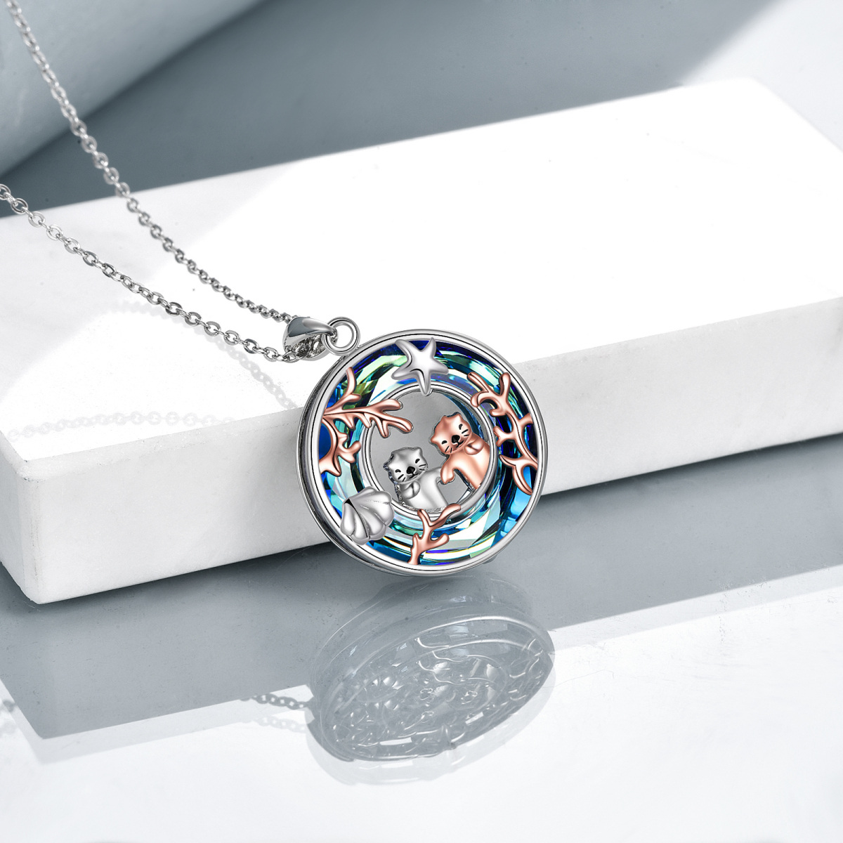 Sterling Silver Two-tone Circular Shaped Sea Otter Crystal Pendant Necklace-5