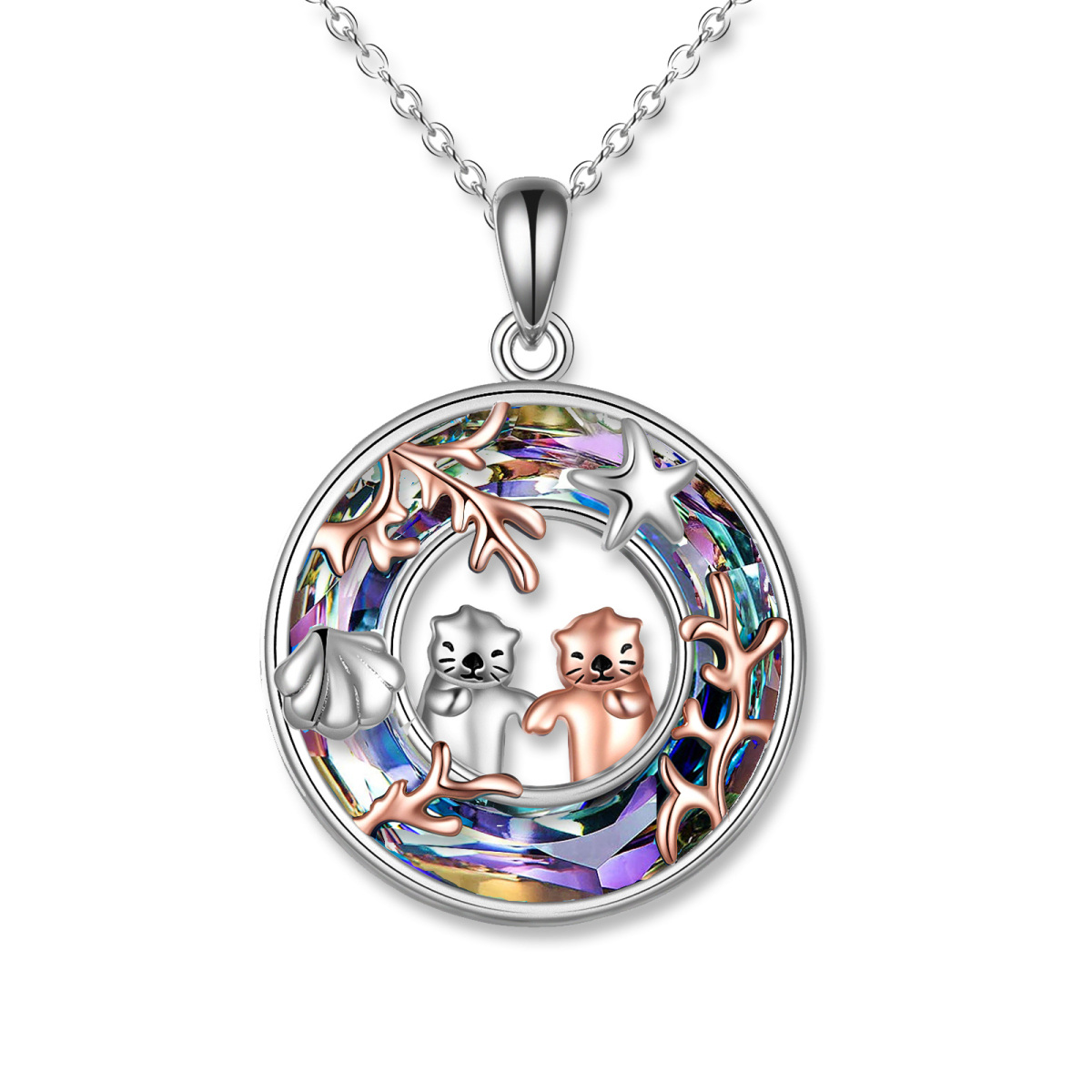 Sterling Silver Two-tone Circular Shaped Sea Otter Crystal Pendant Necklace-1