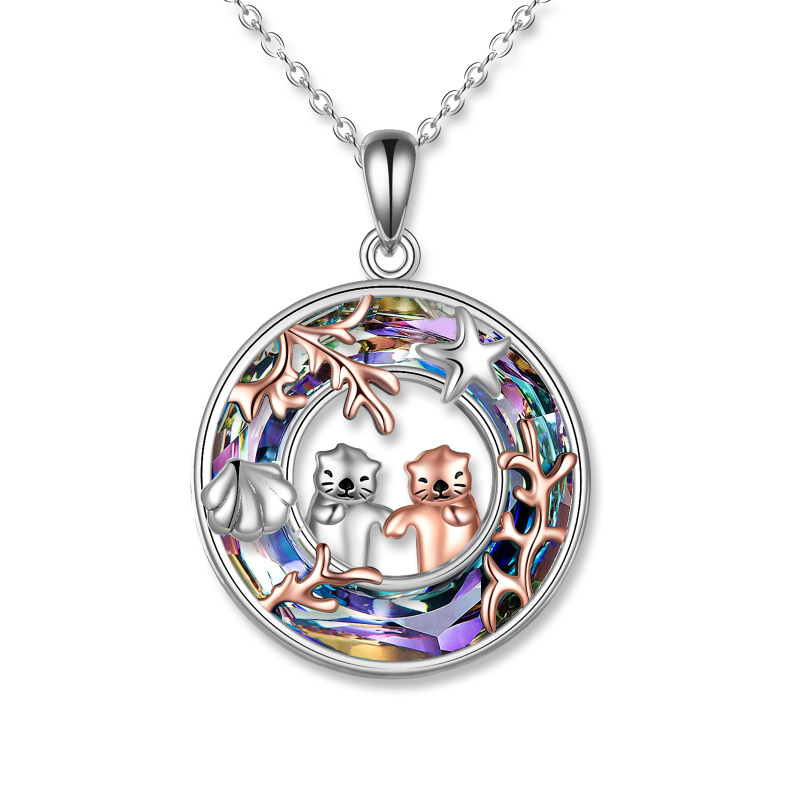 Sterling Silver Two-tone Circular Shaped Sea Otter Crystal Pendant Necklace-9