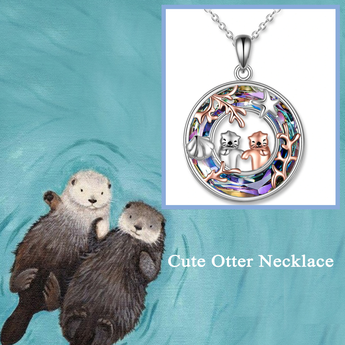 Sterling Silver Two-tone Circular Shaped Sea Otter Crystal Pendant Necklace-3