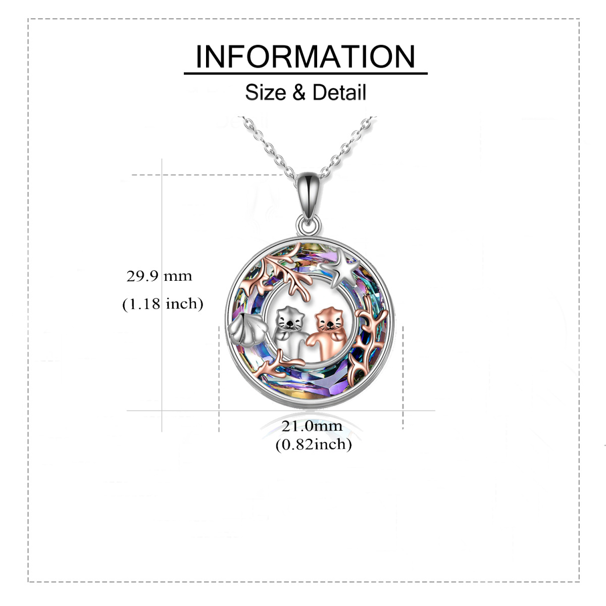 Sterling Silver Two-tone Circular Shaped Sea Otter Crystal Pendant Necklace-5