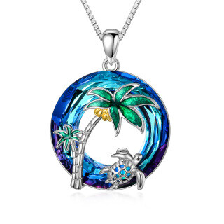 Sterling Silver Two-tone Circular Shaped Sea Turtle & Coconut Tree Crystal Pendant Necklace-3