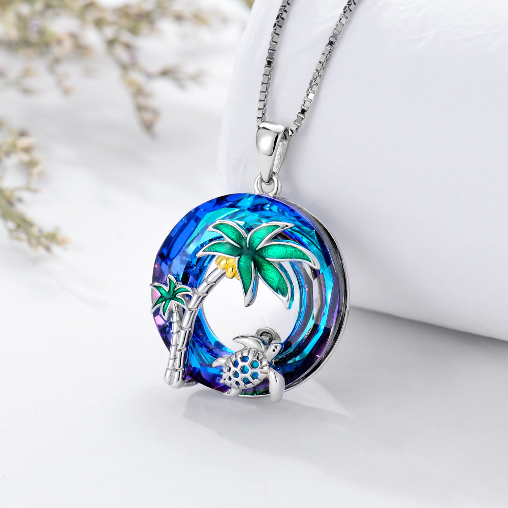 Sterling Zilveren Tweekleurige Zeeschildpad Kokosnootboom Ronde Kristallen Ketting voor Vrouwen-3