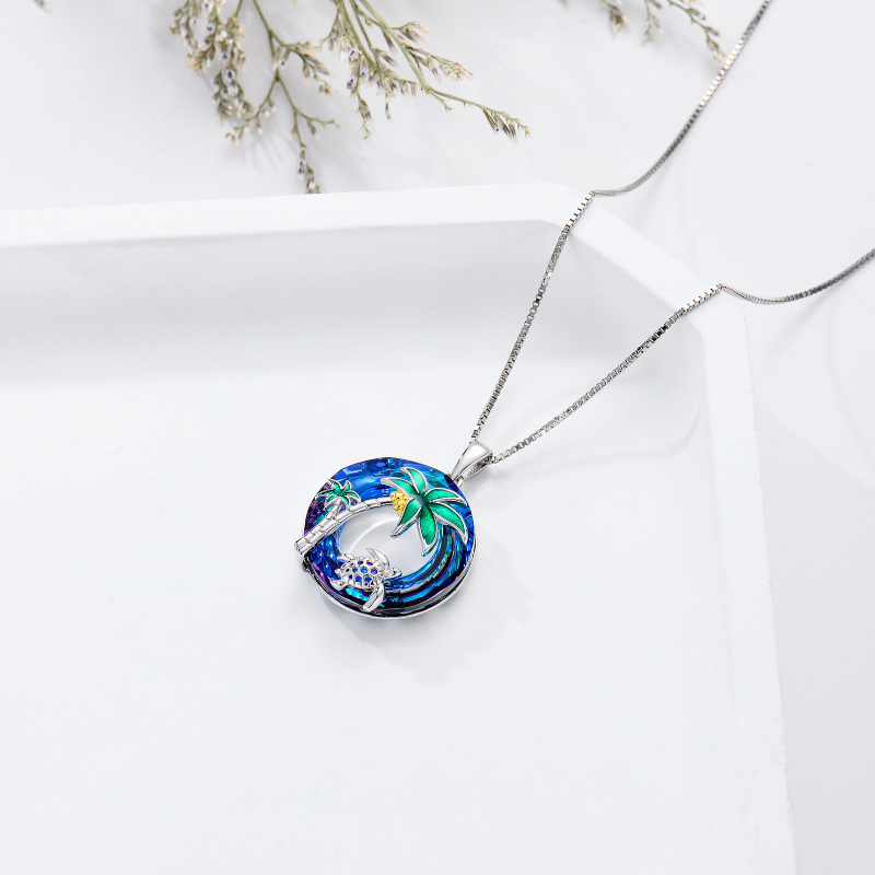 Colar de cristal circular de árvore de coco de tartaruga marinha de dois tons de prata esterlina para mulheres-4