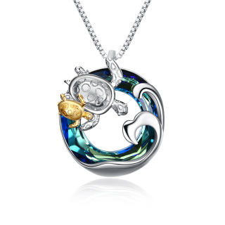 Sterling Silver Two-tone Circular Shaped Sea Turtle Crystal Pendant Necklace-57