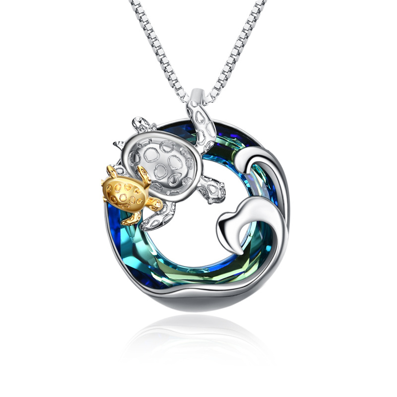 Sterling Silver Two-tone Circular Shaped Sea Turtle Crystal Pendant Necklace