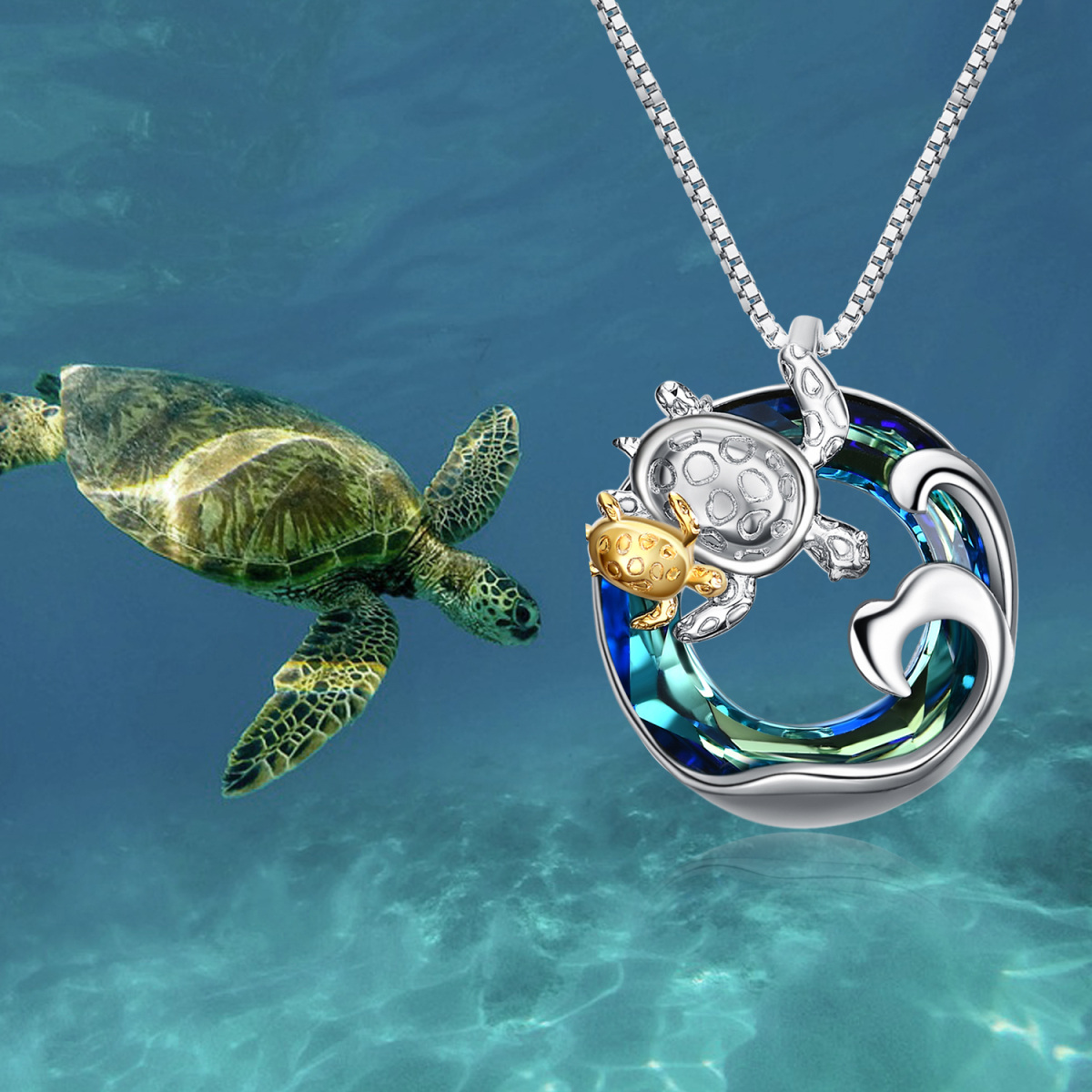 Sterling Silver Two-tone Circular Shaped Sea Turtle Crystal Pendant Necklace-3