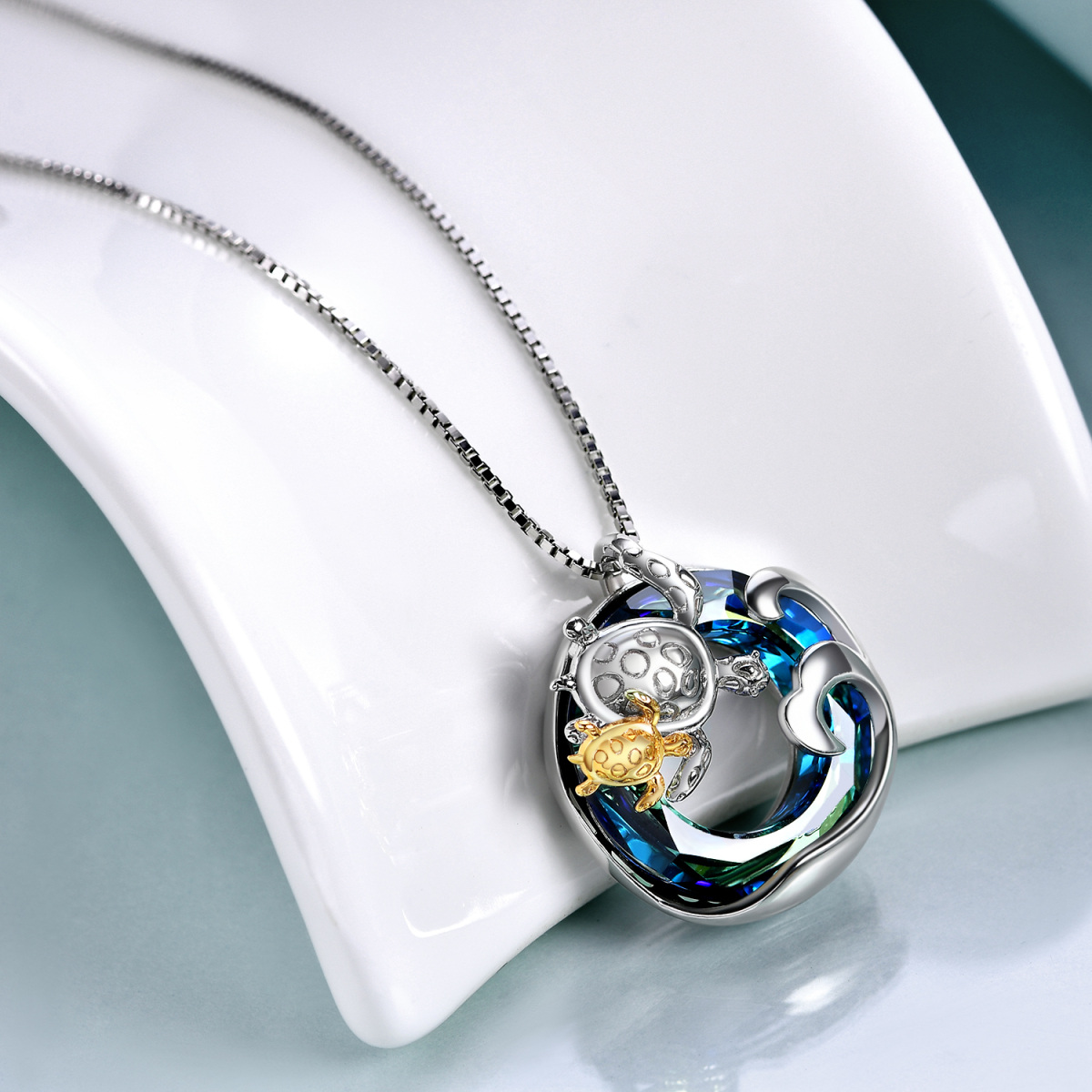 Sterling Silver Two-tone Circular Shaped Sea Turtle Crystal Pendant Necklace-5