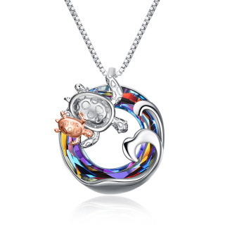 Sterling Silver Two-tone Circular Shaped Sea Turtle & Spray Crystal Pendant Necklace-57