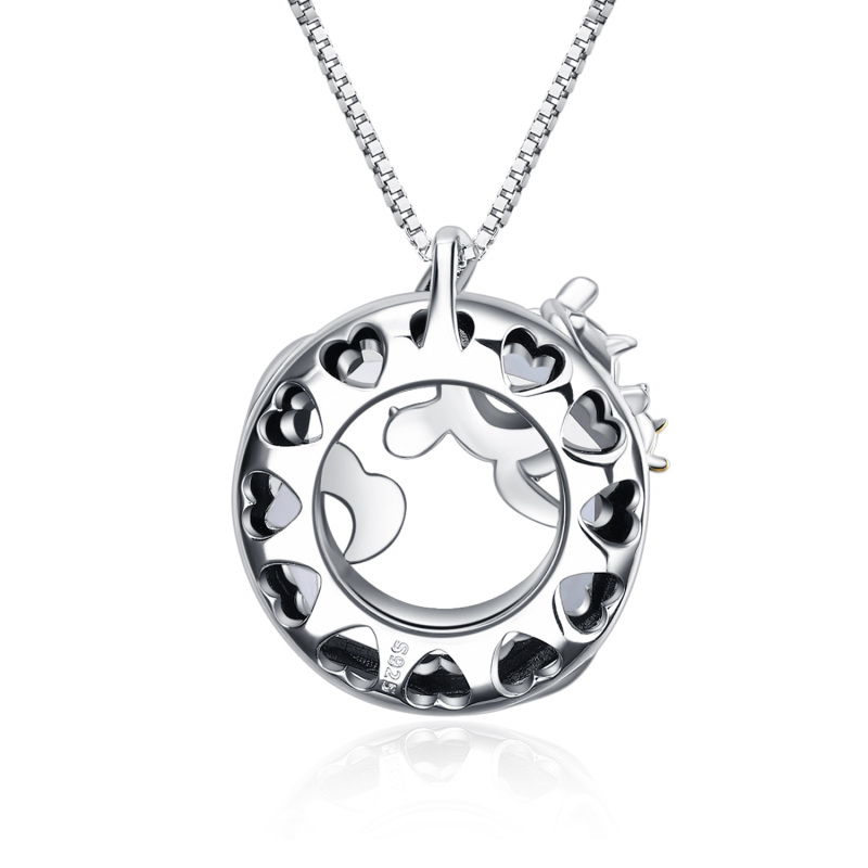 Sterling Silver Two-tone Circular Shaped Sea Turtle & Spray Crystal Pendant Necklace-2