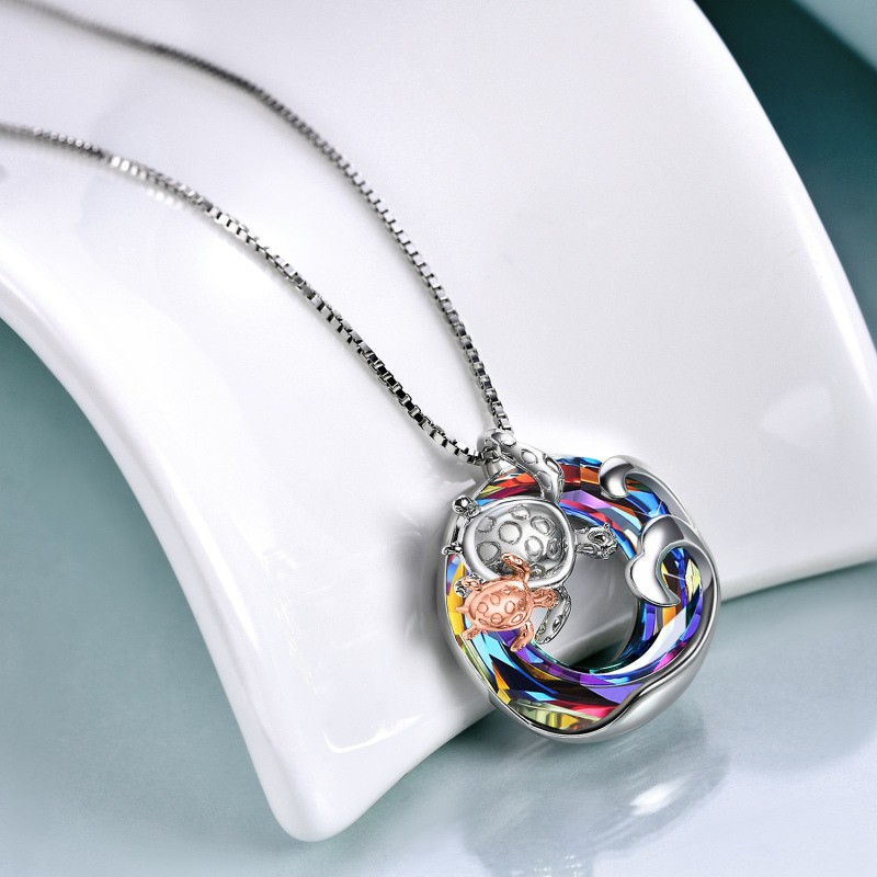 Sterling Silver Two-tone Circular Shaped Sea Turtle & Spray Crystal Pendant Necklace-3