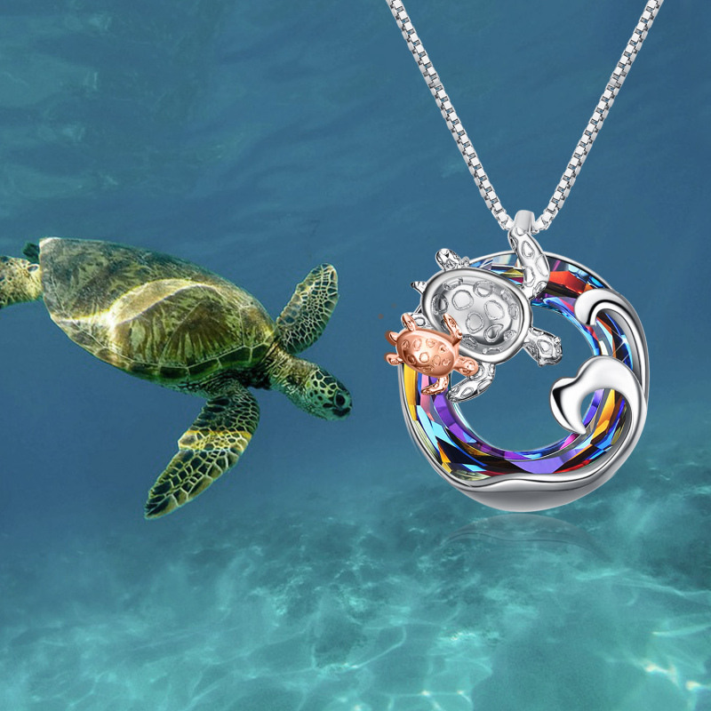 Sterling Silver Two-tone Circular Shaped Sea Turtle & Spray Crystal Pendant Necklace-4