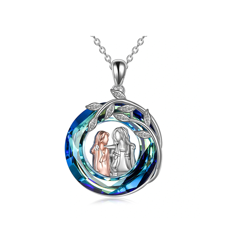Sterling Silver Two-tone Circular Shaped Sisters Crystal Pendant Necklace-6