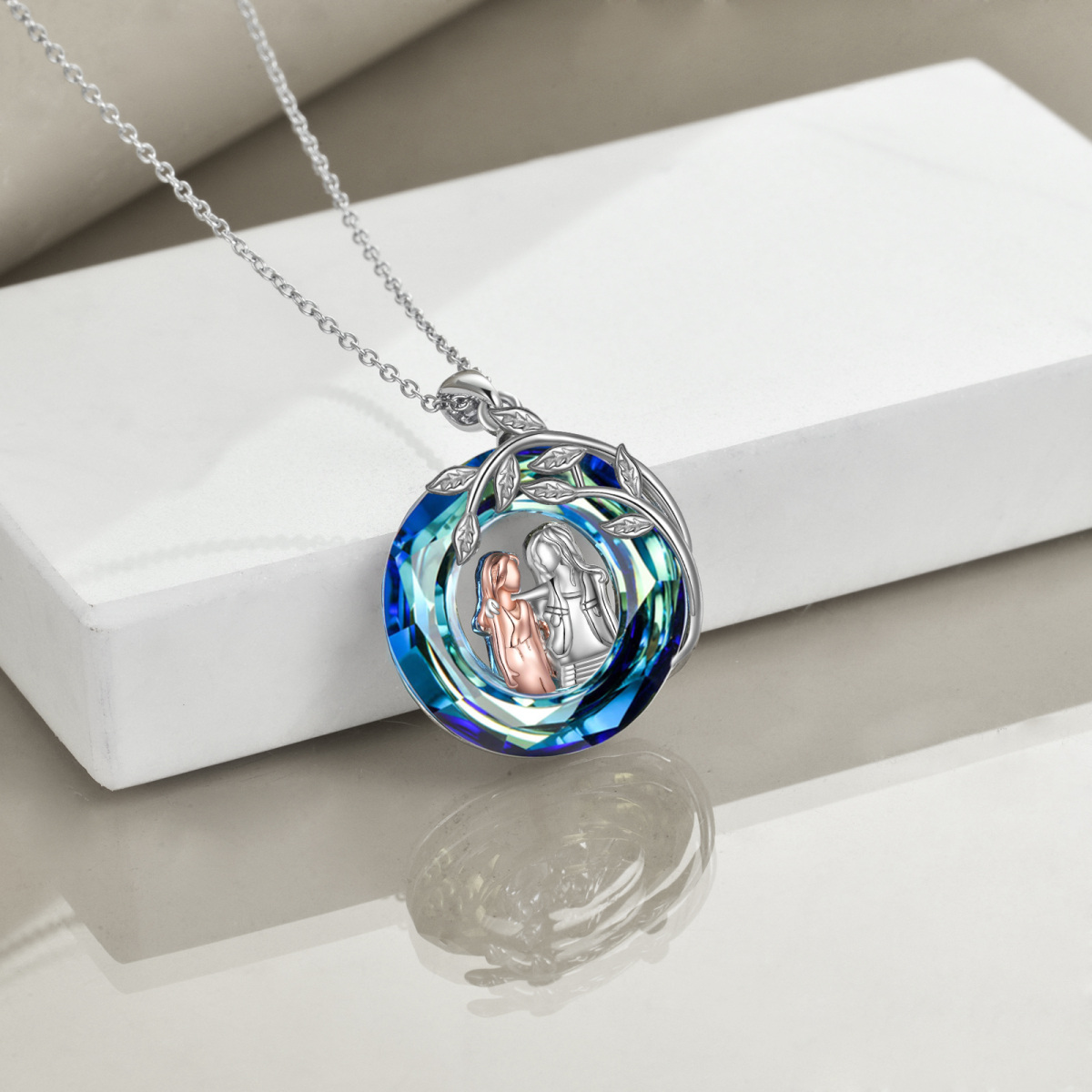 Sterling Silver Two-tone Circular Shaped Sisters Crystal Pendant Necklace-4