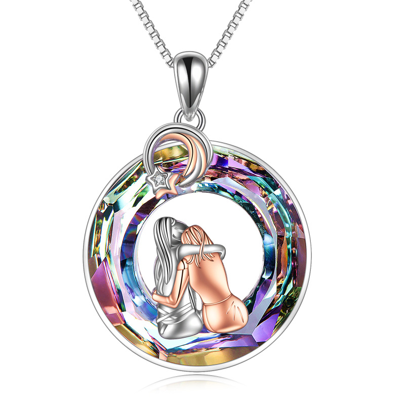 Sterling Silver Two-tone Circular Shaped Sisters Crystal Pendant Necklace-4
