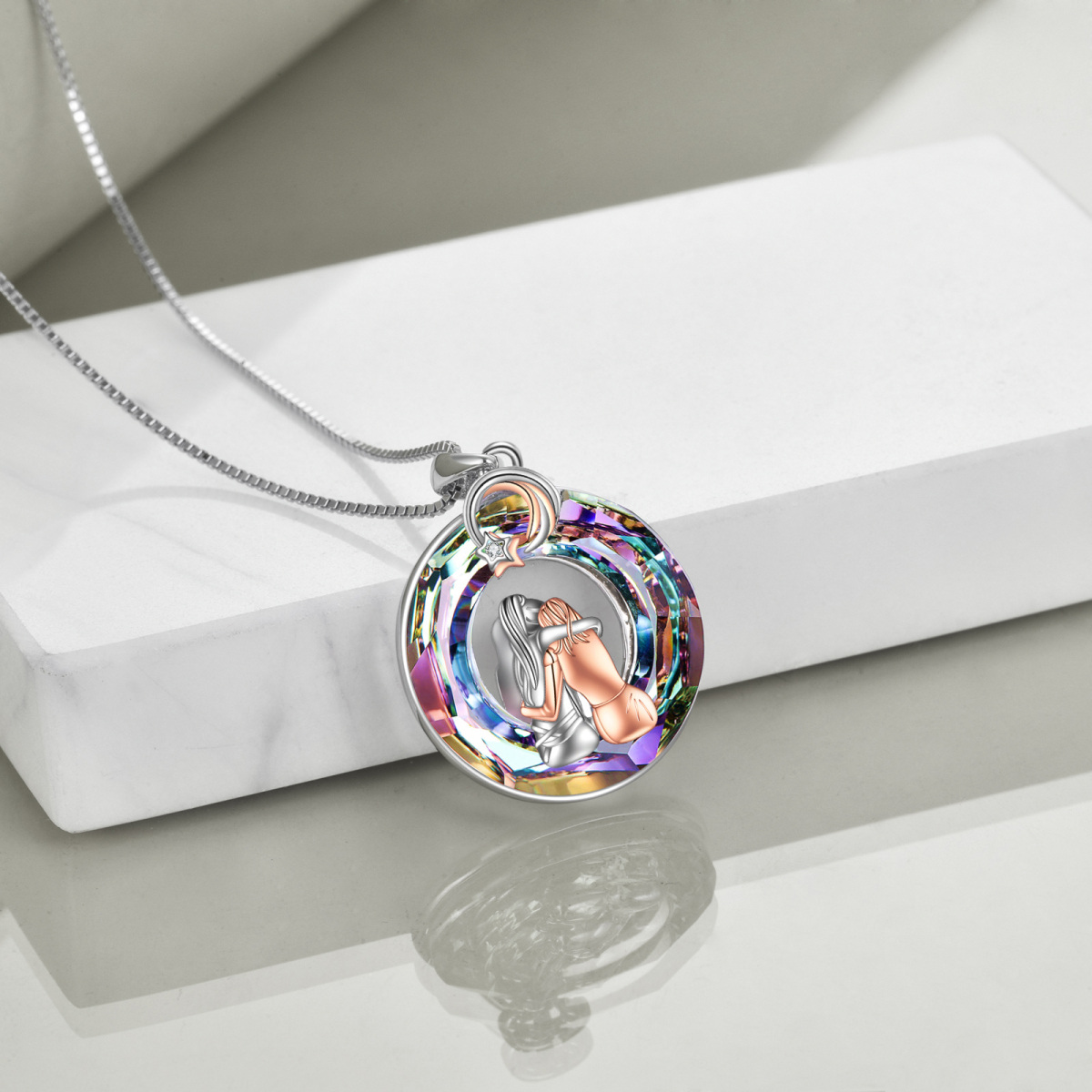 Sterling Silver Two-tone Circular Shaped Sisters Crystal Pendant Necklace-4