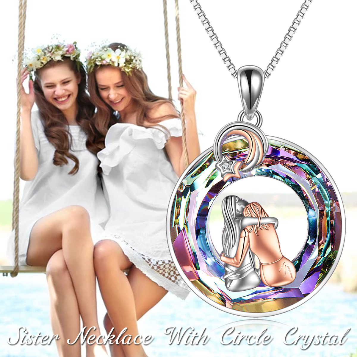 Sterling Silver Two-tone Circular Shaped Sisters Crystal Pendant Necklace-6