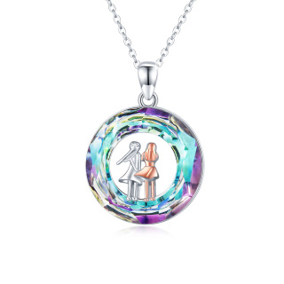 Sterling Silver Two-tone Circular Shaped Sisters Crystal Pendant Necklace-3