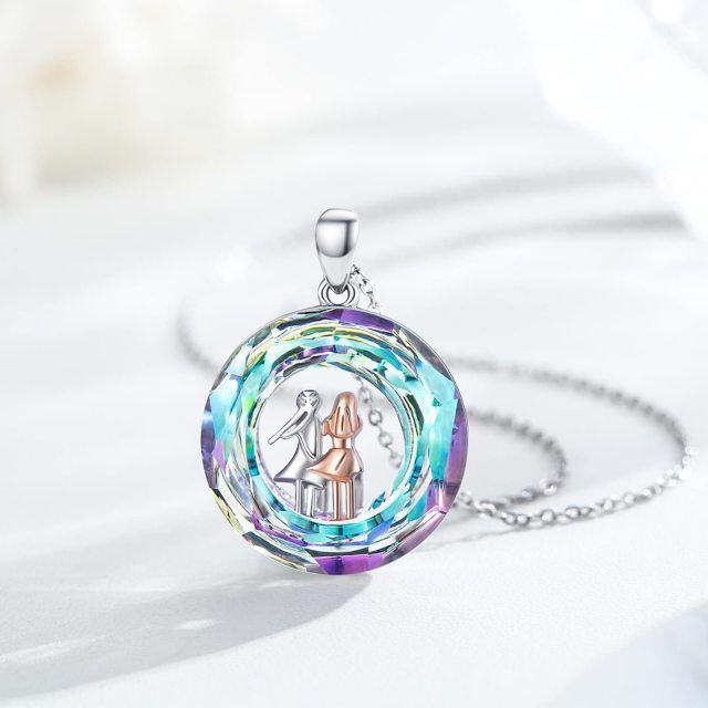 Sterling Silver Two-tone Circular Shaped Sisters Crystal Pendant Necklace-3