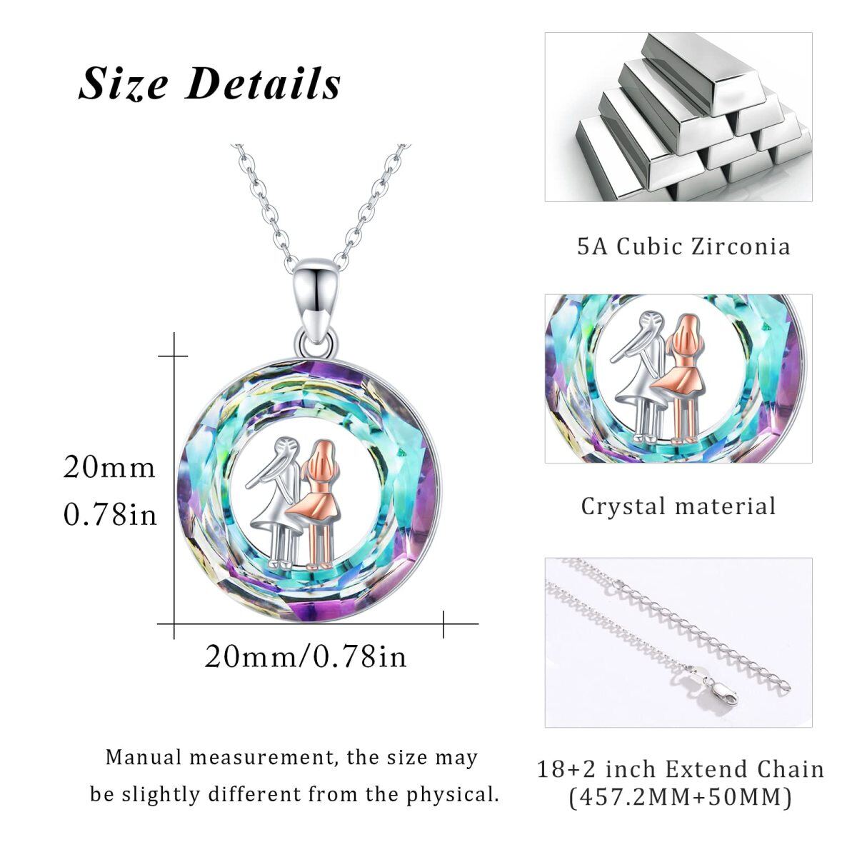 Sterling Silver Two-tone Circular Shaped Sisters Crystal Pendant Necklace-4