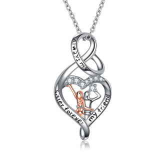 Sterling Silver Two-Tone Circular Cubic Zirconia Heart & Infinity Symbol Pendant Necklace With Engraved Word For Sister-3