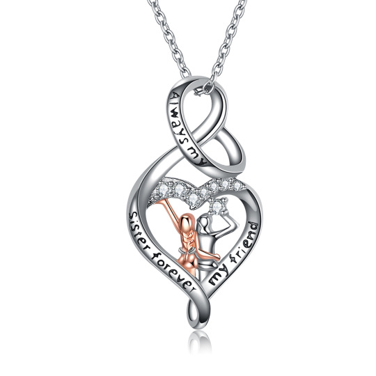 Sterling Silver Two-Tone Circular Cubic Zirconia Heart & Infinity Symbol Pendant Necklace With Engraved Word For Sister