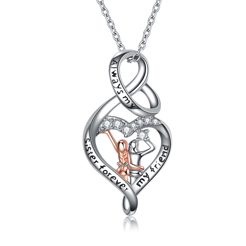 Sterling Silver Two-Tone Circular Cubic Zirconia Heart & Infinity Symbol Pendant Necklace With Engraved Word For Sister-1