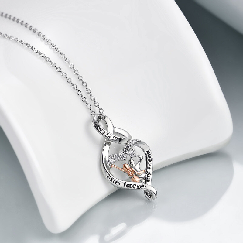 Sterling Silver Two-Tone Circular Cubic Zirconia Heart & Infinity Symbol Pendant Necklace With Engraved Word For Sister-3