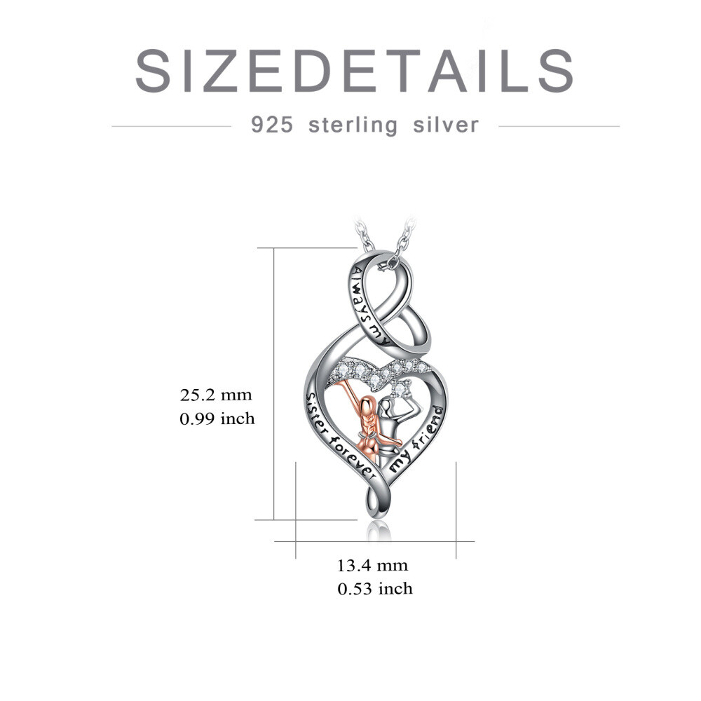 Sterling Silver Two-Tone Circular Cubic Zirconia Heart & Infinity Symbol Pendant Necklace With Engraved Word For Sister-5