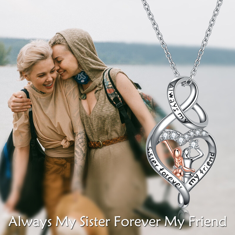 Sterling Silver Two-Tone Circular Cubic Zirconia Heart & Infinity Symbol Pendant Necklace With Engraved Word For Sister-6