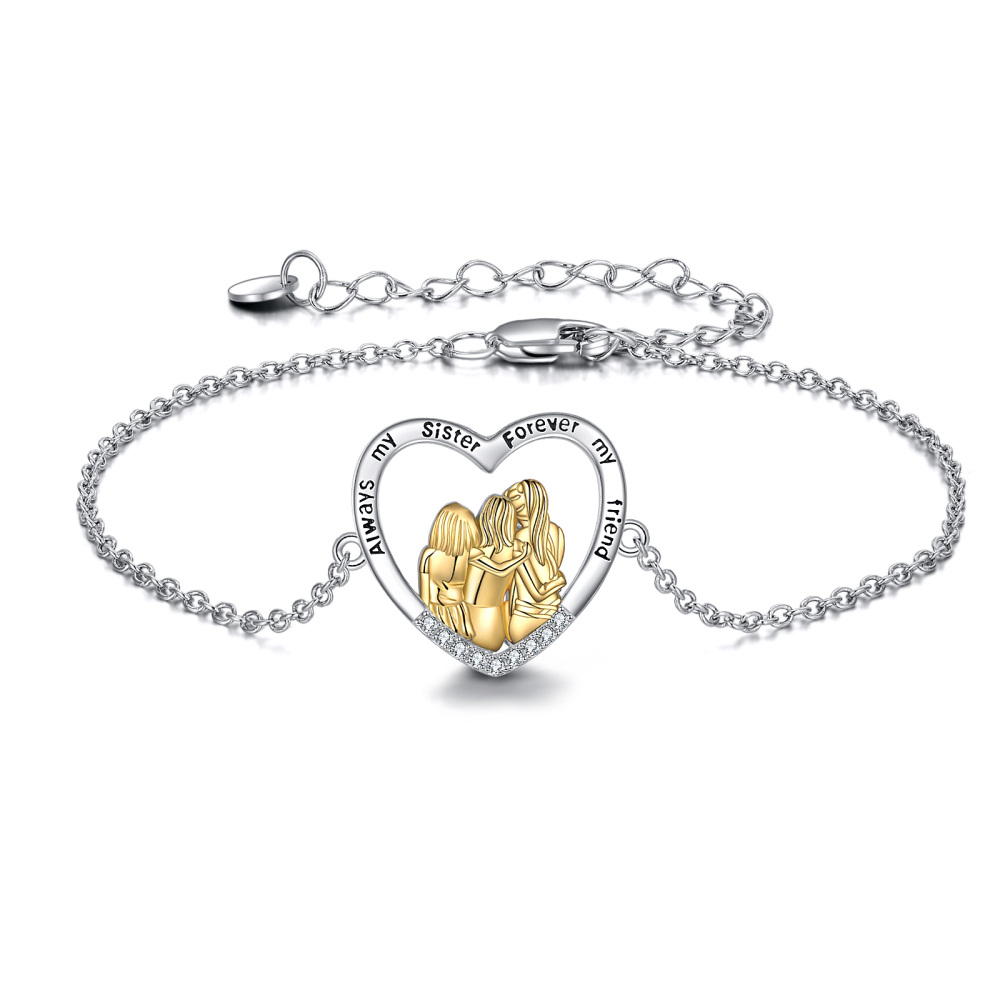 Sterling Silver Two-tone Circular Shaped Cubic Zirconia Sisters & Heart Charm Bracelet with Engraved Word-1