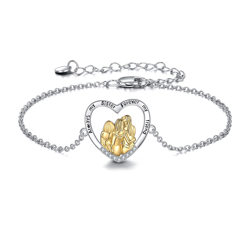 Sterling Silber zweifarbig kreisförmig Cubic Zirkonia Schwestern & Herz Anhänger Armband m-1