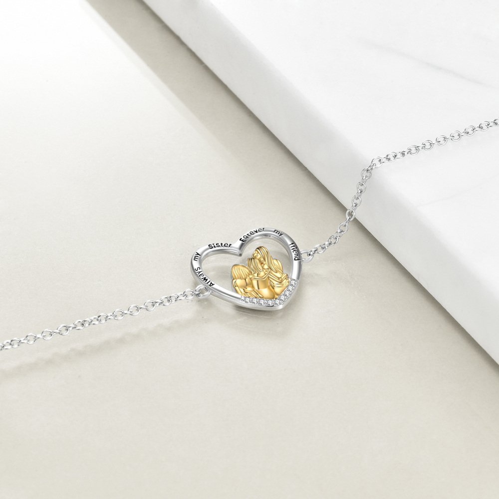 Sterling Silver Two-tone Circular Shaped Cubic Zirconia Sisters & Heart Charm Bracelet with Engraved Word-3