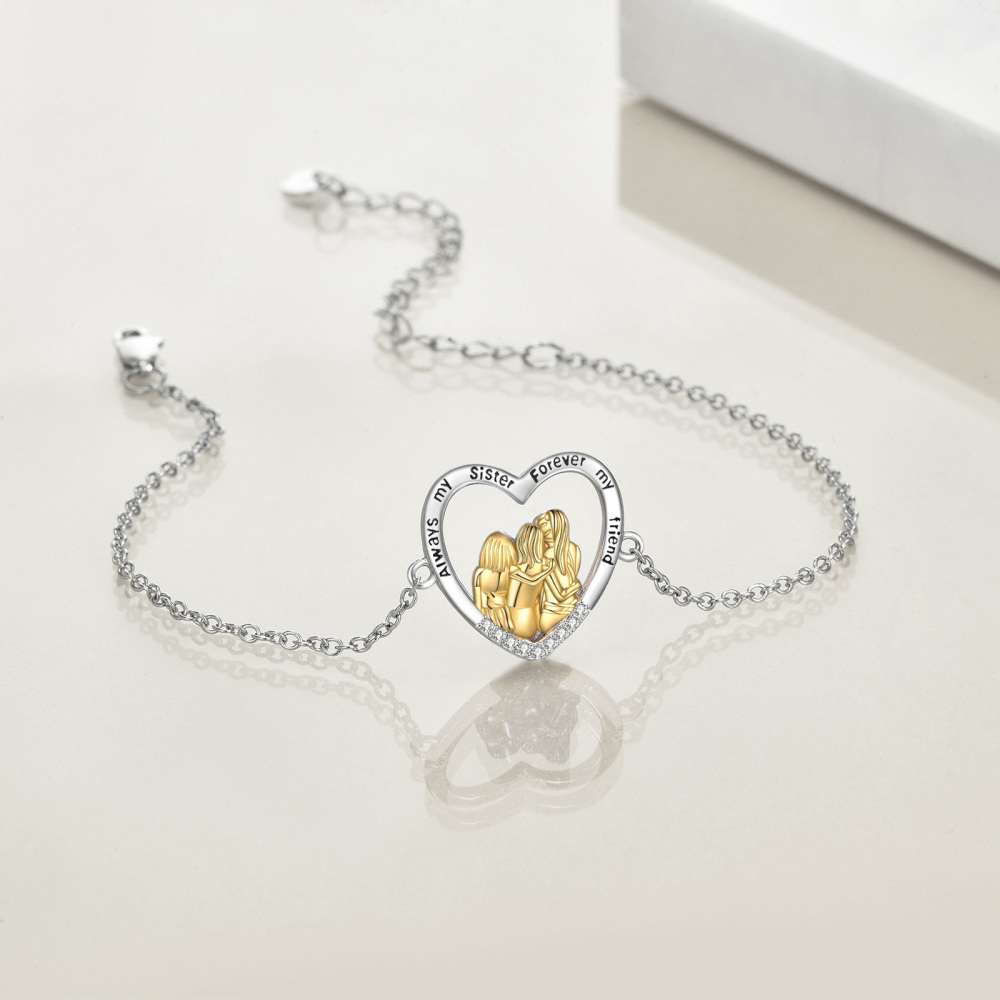 Sterling Silver Two-tone Circular Shaped Cubic Zirconia Sisters & Heart Charm Bracelet with Engraved Word-4