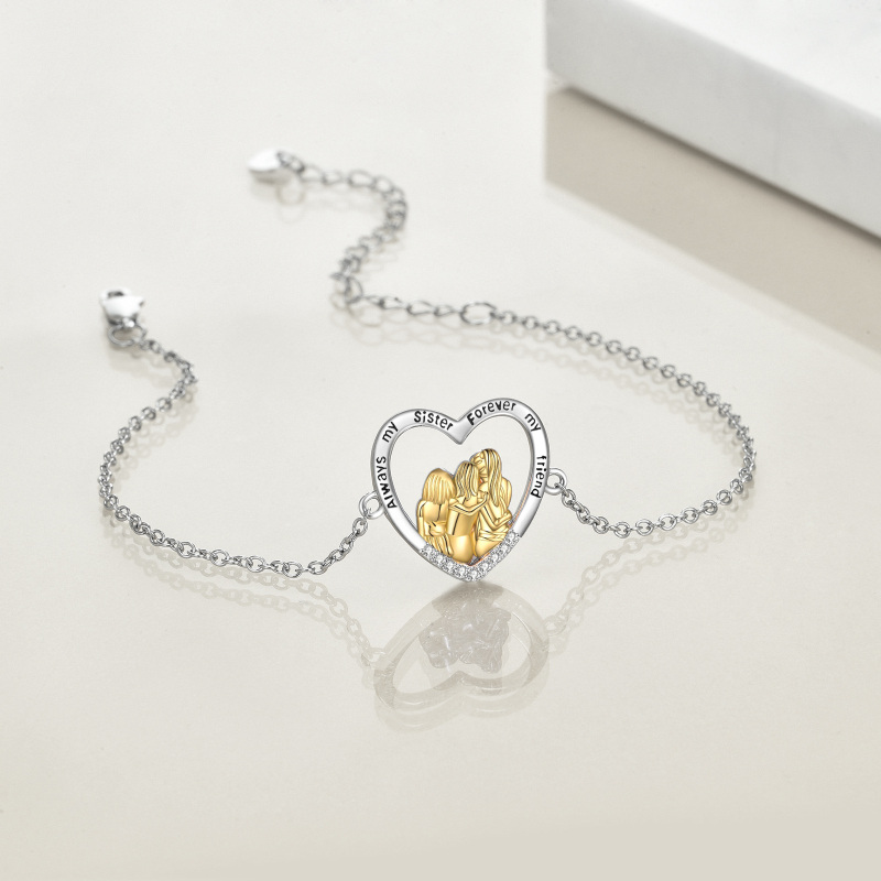 Sterling Silver Two-tone Circular Shaped Cubic Zirconia Sisters & Heart Charm Bracelet with Engraved Word-4