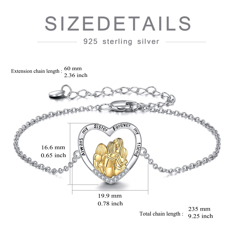 Sterling Silver Two-tone Circular Shaped Cubic Zirconia Sisters & Heart Charm Bracelet with Engraved Word-5