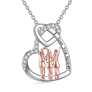 Sterling Silver Two-tone Circular Shaped Cubic Zirconia Sisters & Heart Pendant Necklace with Engraved Word-44