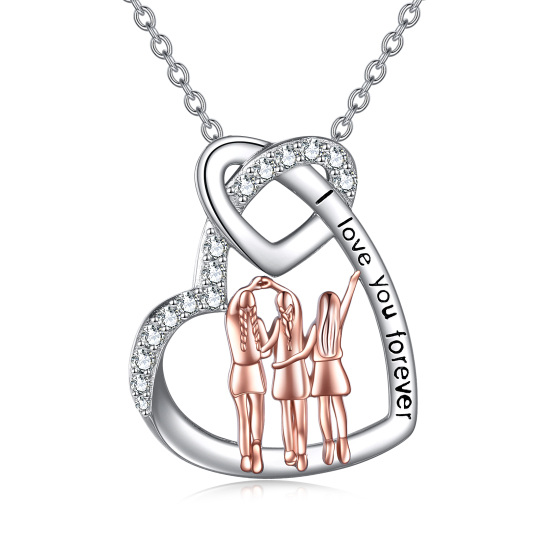 Sterling Silver Two-tone Circular Shaped Cubic Zirconia Sisters & Heart Pendant Necklace with Engraved Word