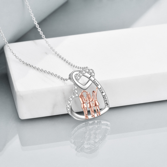 Sterling zilveren tweekleurige cirkelvormige cubic zirconia zussen en hart hanger ketting met gegraveerd woord-3