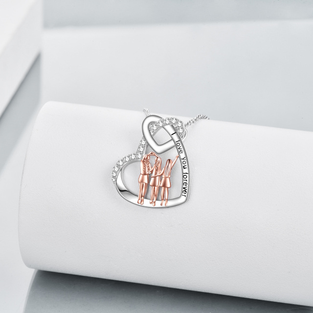 Sterling zilveren tweekleurige cirkelvormige cubic zirconia zussen en hart hanger ketting met gegraveerd woord-4