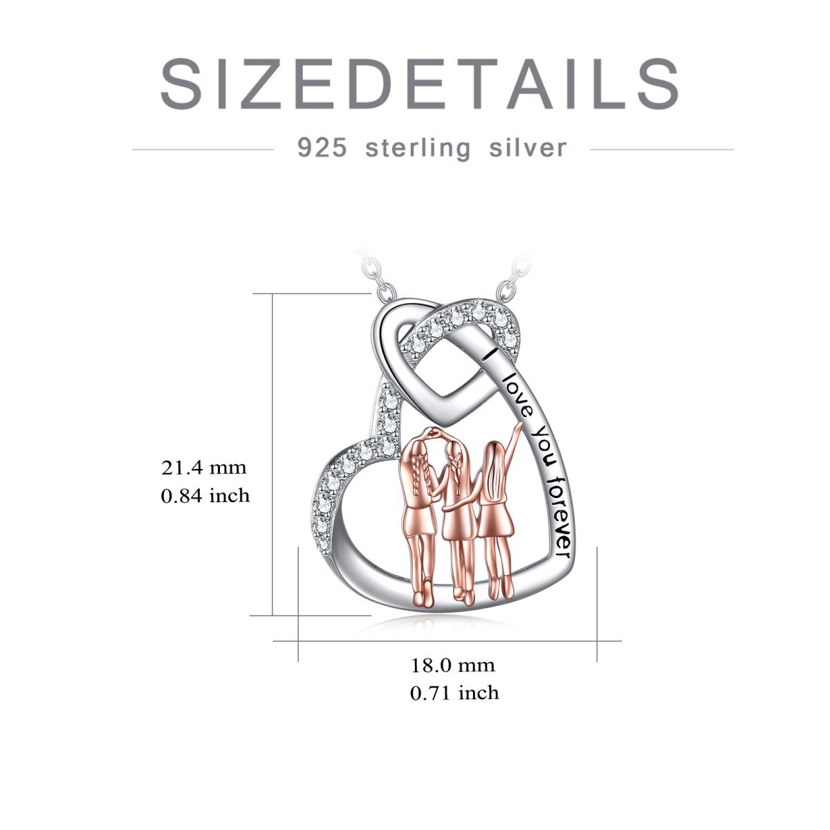 Sterling Silber zweifarbig kreisförmig Cubic Zirkonia Schwestern & Herz Anhänger Halskette-5